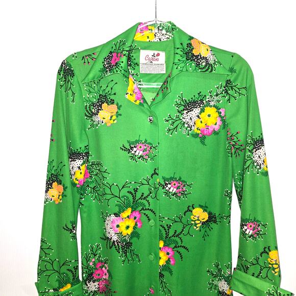 Vintage 70's Caron Shirt Dress Green Floral Print Dagger Collar Knee Length SEE - Picture 3 of 7